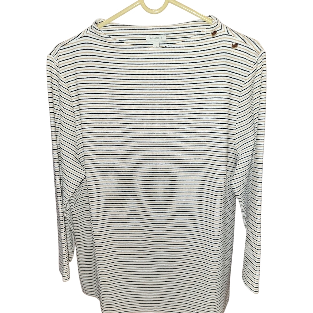 New TALBOTS 3/4 Sleeve Mockneck Striped Top, Large, NWT